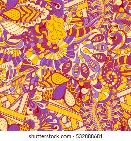 Tracery seamless calming pattern. Mehndi design. Ethnic colorful doodle texture. Curved doodling background. Vector.