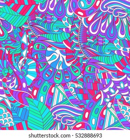 Tracery seamless calming pattern. Mehndi design. Ethnic colorful doodle texture. Curved doodling background. Vector.
