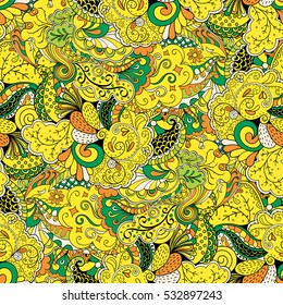 Tracery seamless calming pattern. Mehndi design. Ethnic colorful doodle texture. Curved doodling background. Vector.