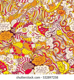 Tracery seamless calming pattern. Mehndi design. Ethnic colorful doodle texture. Curved doodling background. Vector.