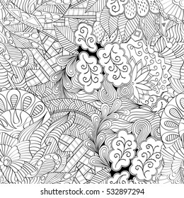 Tracery seamless calming pattern. Mehndi design. Ethnic monochrome binary doodle texture. Curved doodling black and white background. Vector.