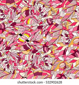 Tracery seamless calming pattern. Mehndi design. Ethnic colorful doodle texture. Curved doodling background. Vector.
