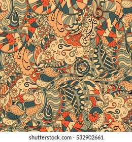 Tracery seamless calming pattern. Mehndi design. Ethnic colorful doodle texture. Curved doodling background. Vector.
