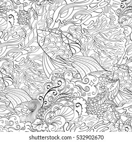 Tracery seamless calming pattern. Mehndi design. Ethnic monochrome binary doodle texture. Curved doodling black and white background. Vector.
