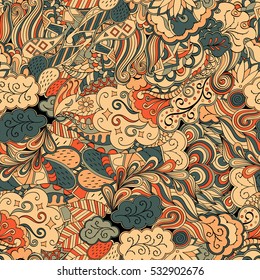 Tracery seamless calming pattern. Mehndi design. Ethnic colorful doodle texture. Curved doodling background. Vector.
