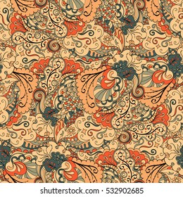 Tracery seamless calming pattern. Mehndi design. Ethnic colorful doodle texture. Curved doodling background. Vector.
