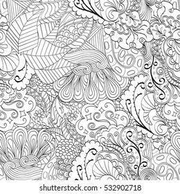 Tracery seamless calming pattern. Mehndi design. Ethnic monochrome binary doodle texture. Curved doodling black and white background. Vector.