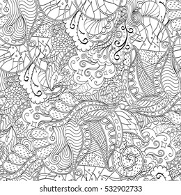 Tracery seamless calming pattern. Mehndi design. Ethnic monochrome binary doodle texture. Curved doodling black and white background. Vector.