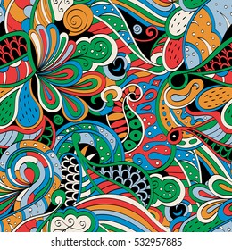 Tracery seamless calming pattern. Mehndi design. Ethnic colorful doodle texture. Curved doodling background. Vector.