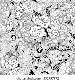Tracery seamless calming pattern. Mehndi design. Ethnic monochrome binary doodle texture. Curved doodling black and white background. Vector.