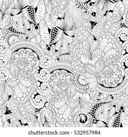 Tracery seamless calming pattern. Mehndi design. Ethnic monochrome binary doodle texture. Curved doodling black and white background. Vector.