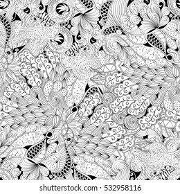 Tracery seamless calming pattern. Mehndi design. Ethnic monochrome binary doodle texture. Curved doodling black and white background. Vector.