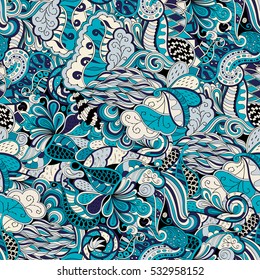 Tracery seamless calming pattern. Mehndi design. Ethnic colorful doodle texture. Curved doodling background. Vector.