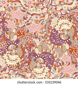 Tracery seamless calming pattern. Mehndi design. Ethnic colorful doodle texture. Curved doodling background. Vector.