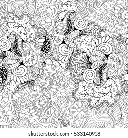 Tracery seamless calming pattern. Mehndi design. Ethnic monochrome binary doodle texture. Curved doodling black and white background. Vector.