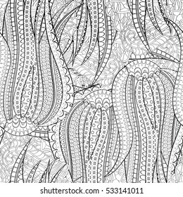 Tracery seamless calming pattern. Mehndi design. Ethnic monochrome binary doodle texture. Curved doodling black and white background. Vector.