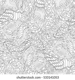 Tracery seamless calming pattern. Mehndi design. Ethnic monochrome binary doodle texture. Curved doodling black and white background. Vector.