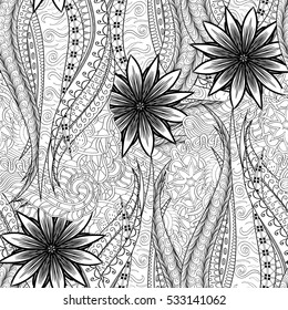 Tracery seamless calming pattern. Mehndi design. Ethnic monochrome binary doodle texture. Curved doodling black and white background. Vector.