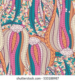 Tracery seamless calming pattern. Mehndi design. Ethnic colorful doodle texture. Curved doodling background. Vector.