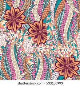 Tracery seamless calming pattern. Mehndi design. Ethnic colorful doodle texture. Curved doodling background. Vector.