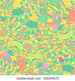 Tracery seamless calming pattern. Mehndi design. Ethnic colorful doodle texture. Curved doodling background. Vector.