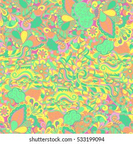Tracery seamless calming pattern. Mehndi design. Ethnic colorful doodle texture. Curved doodling background. Vector.