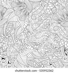Tracery seamless calming pattern. Mehndi design. Ethnic monochrome binary doodle texture. Curved doodling black and white background. Vector.