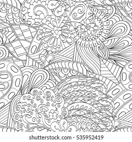 Tracery seamless calming pattern. Mehndi design. Ethnic monochrome binary doodle texture. Curved doodling black and white background. Vector.