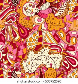 Tracery seamless calming pattern. Mehndi design. Ethnic colorful doodle texture. Curved doodling background. Vector.