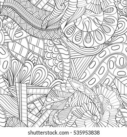 Tracery seamless calming pattern. Mehndi design. Ethnic monochrome binary doodle texture. Curved doodling black and white background. Vector.