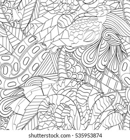 Tracery seamless calming pattern. Mehndi design. Ethnic monochrome binary doodle texture. Curved doodling black and white background. Vector.
