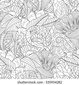 Tracery seamless calming pattern. Mehndi design. Ethnic monochrome binary doodle texture. Curved doodling black and white background. Vector.
