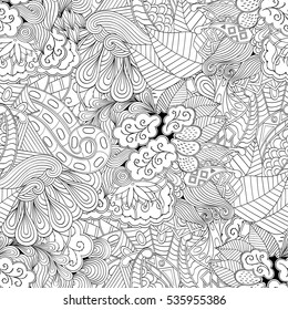 Tracery seamless calming pattern. Mehndi design. Ethnic monochrome binary doodle texture. Curved doodling black and white background. Vector.