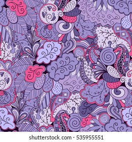 Tracery seamless calming pattern. Mehndi design. Ethnic colorful doodle texture. Curved doodling background. Vector.