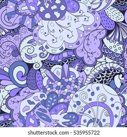 Tracery seamless calming pattern. Mehndi design. Ethnic colorful doodle texture. Curved doodling background. Vector.