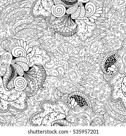 Tracery seamless calming pattern. Mehndi design. Ethnic monochrome binary doodle texture. Curved doodling black and white background. Vector.