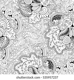 Tracery seamless calming pattern. Mehndi design. Ethnic monochrome binary doodle texture. Curved doodling black and white background. Vector.
