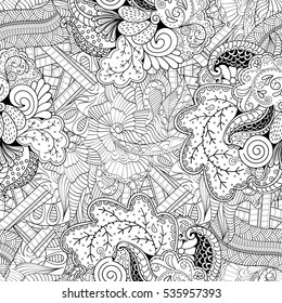Tracery seamless calming pattern. Mehndi design. Ethnic monochrome binary doodle texture. Curved doodling black and white background. Vector.