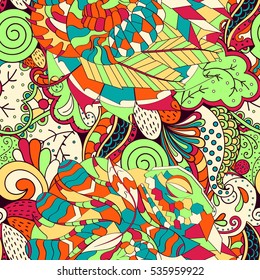 Tracery seamless calming pattern. Mehndi design. Ethnic colorful doodle texture. Curved doodling background. Vector.