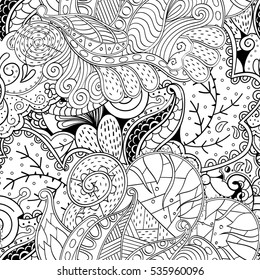 Tracery seamless calming pattern. Mehndi design. Ethnic monochrome binary doodle texture. Curved doodling black and white background. Vector.