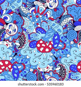 Tracery seamless calming pattern. Mehndi design. Ethnic colorful doodle texture. Curved doodling background. Vector.