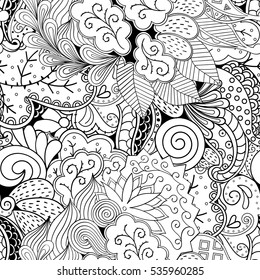 Tracery seamless calming pattern. Mehndi design. Ethnic monochrome binary doodle texture. Curved doodling black and white background. Vector.