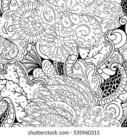 Tracery seamless calming pattern. Mehndi design. Ethnic monochrome binary doodle texture. Curved doodling black and white background. Vector.