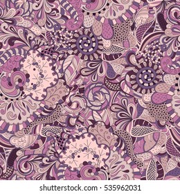Tracery seamless calming pattern. Mehndi design. Ethnic colorful doodle texture. Curved doodling background. Vector.