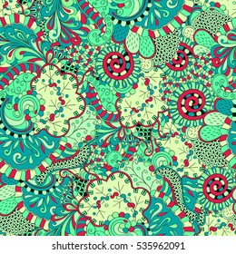 Tracery seamless calming pattern. Mehndi design. Ethnic colorful doodle texture. Curved doodling background. Vector.