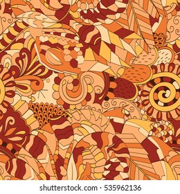 Tracery seamless calming pattern. Mehndi design. Ethnic colorful doodle texture. Curved doodling background. Vector.
