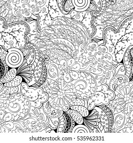 Tracery seamless calming pattern. Mehndi design. Ethnic monochrome binary doodle texture. Curved doodling black and white background. Vector.