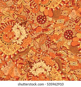 Tracery seamless calming pattern. Mehndi design. Ethnic colorful doodle texture. Curved doodling background. Vector.