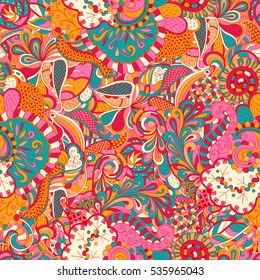 Tracery seamless calming pattern. Mehndi design. Ethnic colorful doodle texture. Curved doodling background. Vector.