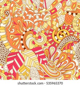 Tracery seamless calming pattern. Mehndi design. Ethnic colorful doodle texture. Curved doodling background. Vector.
